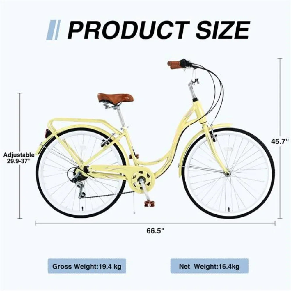 7 Speeds Steel Frame City Bike Commuter Bike for Women, Men, Seniors