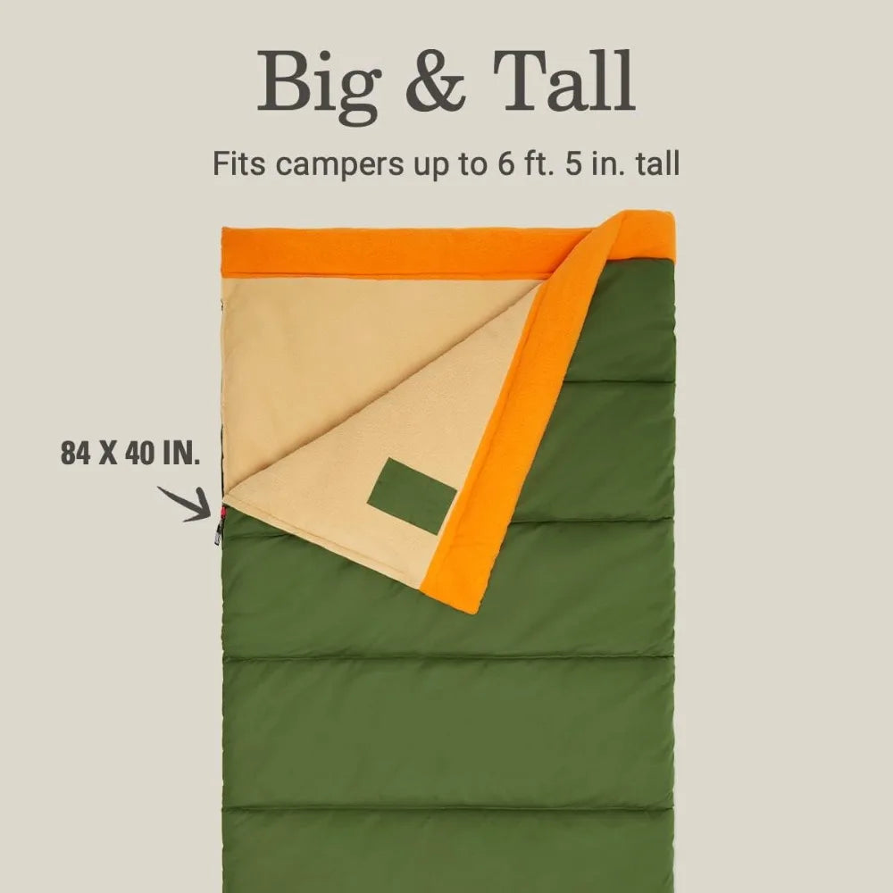 Big Game 0°F Big & Tall Sleeping Bag, Cold Weather Adult Sleeping Bag with Sherpa & Flannel Lining and 2-Way Zipper