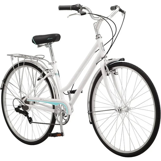 Mens and Women's Hybrid Bike, 7-Speed Drivetrain, Rear Rack, 700C Wheels